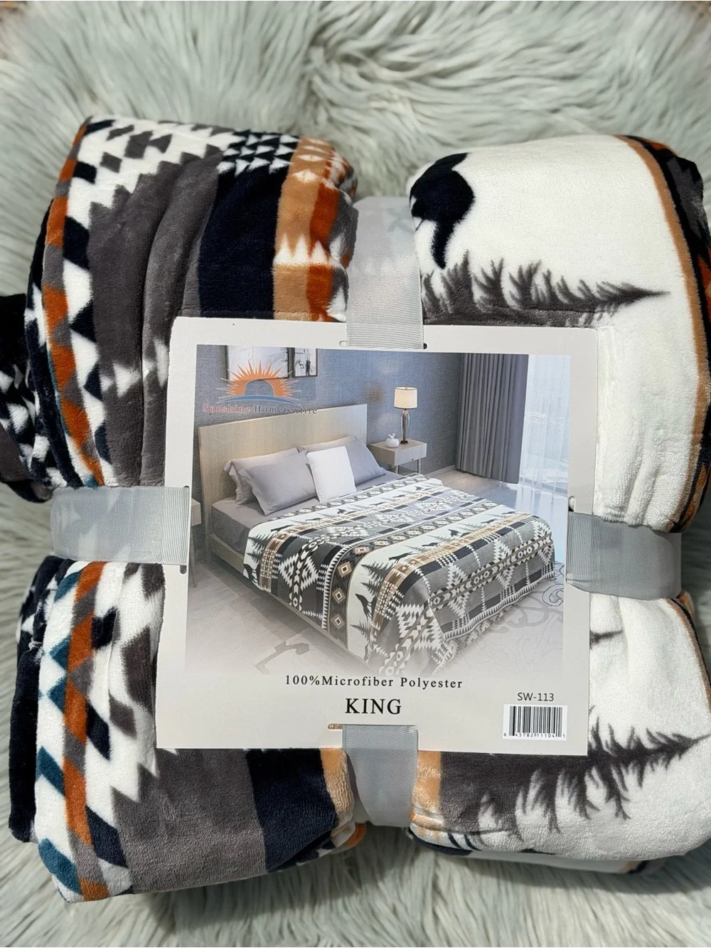 New king size flannel blanket thick gray black white wolf Aztec print double sid